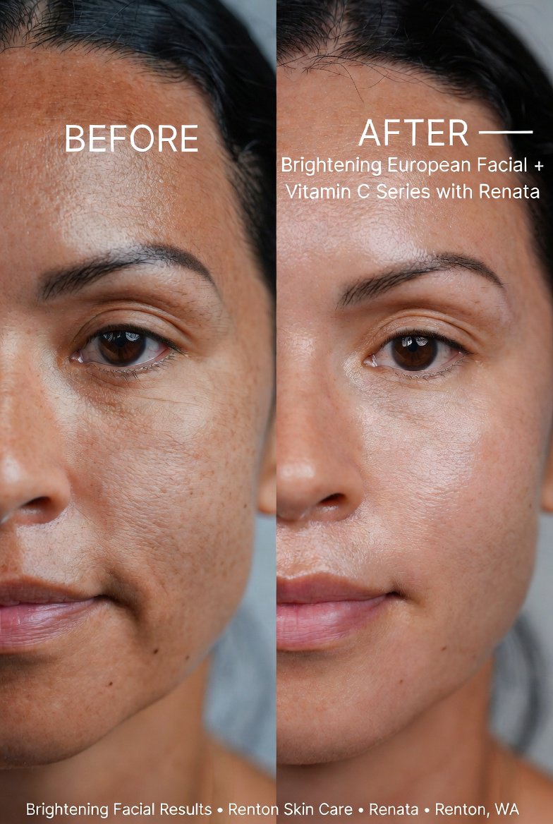 Before and after brightening facial results at Renton Skin Care