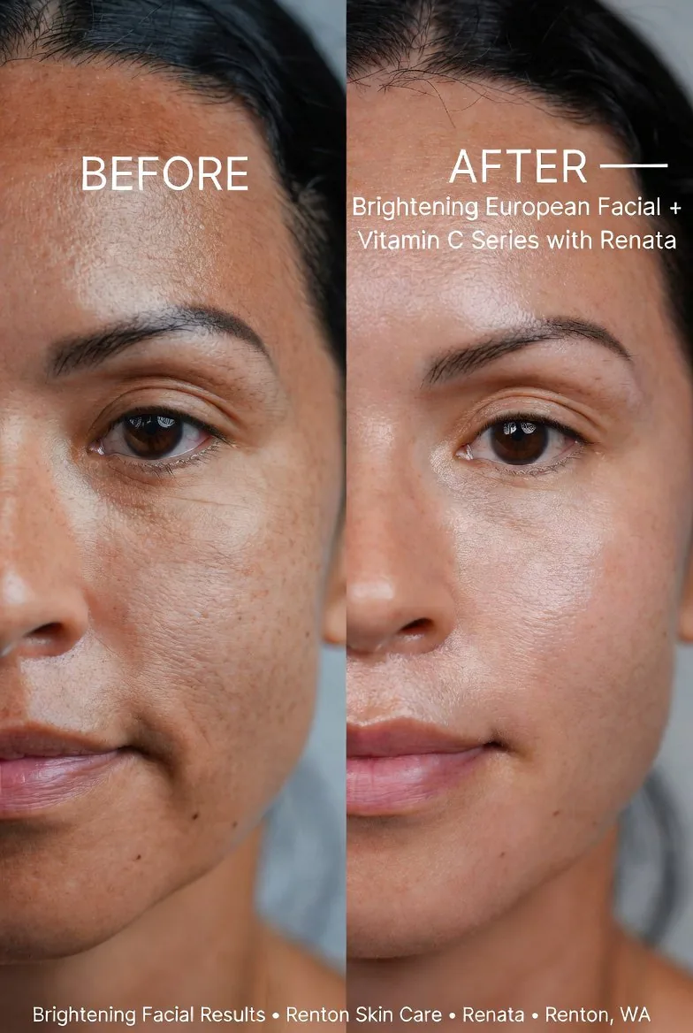 Before and after brightening European facial results at Renton Skin Care